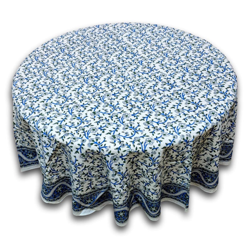 India Arts Hand Block Print Floral Tablecloth Round Cotton Table Linen Beach Sheet Beach Throw (Blue, Round 72 inches) - Image 2